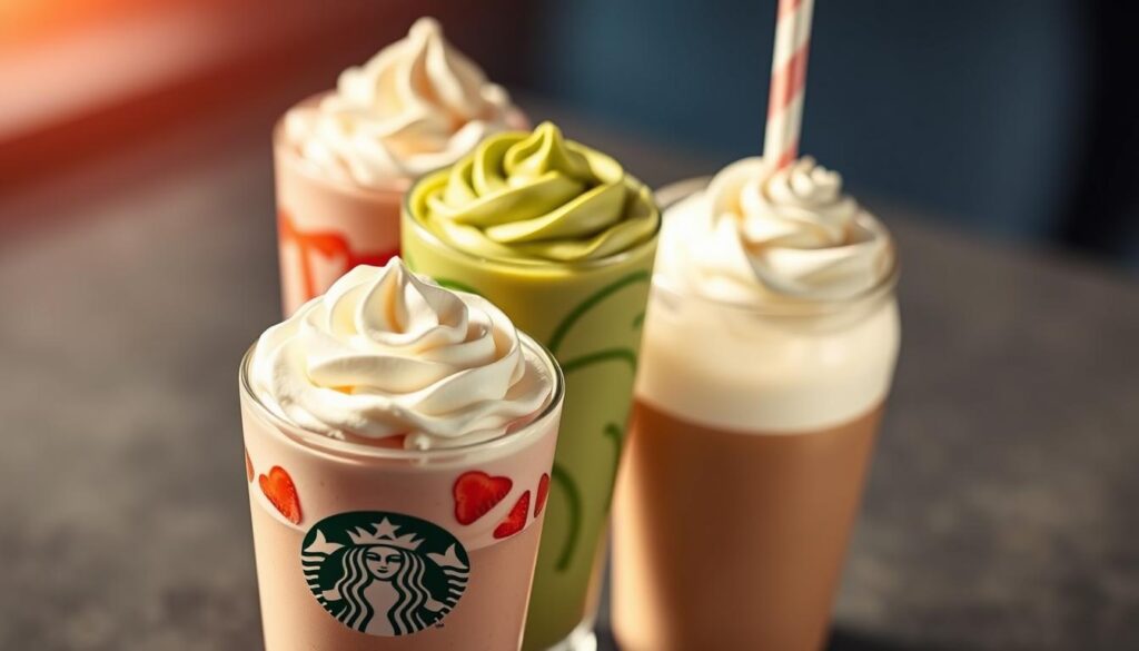 A beautifully lit, high-angle shot showcasing an elegant arrangement of Starbucks Crème Frappuccino flavors. In the foreground, a vibrant red strawberry crème frappuccino, its whipped cream crown glistening under the soft lighting. Beside it, a lush green matcha crème frappuccino, its distinctive green hue accentuated by delicate matcha powder swirls. In the middle ground, a rich and creamy vanilla bean crème frappuccino, its silky texture visible through the clear glass cup. The background features a subtle, hazy bokeh effect, drawing the viewer's attention to the enticing array of non-coffee-based Starbucks blended beverages.