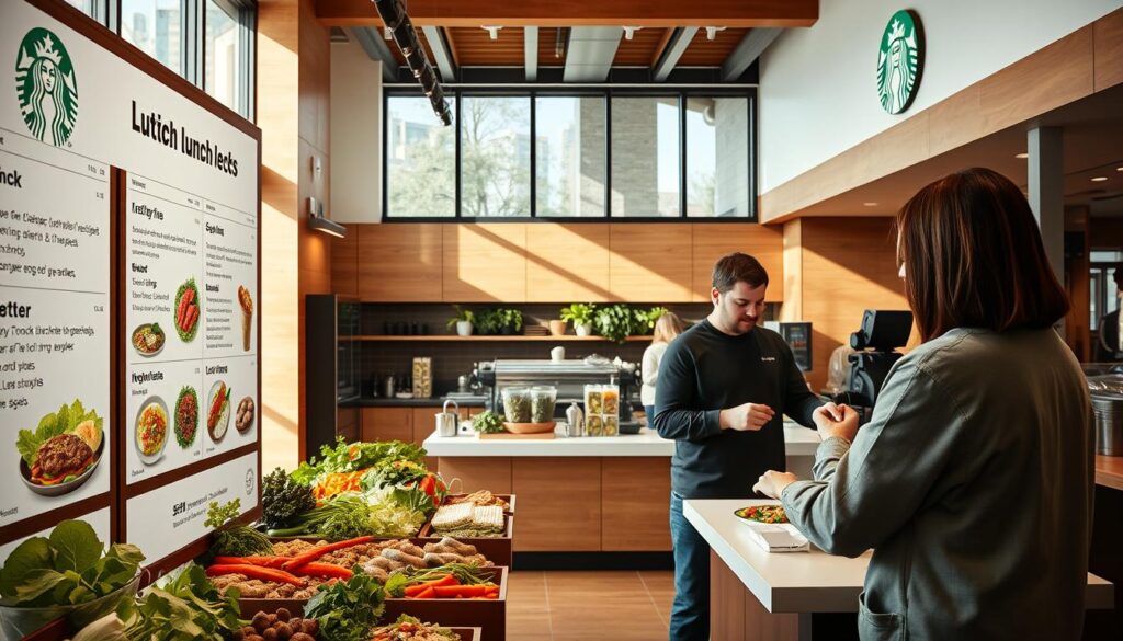A bright, airy Starbucks cafe interior with a prominently displayed lunch menu board. In the foreground, a customer is configuring their custom lunch order, selecting from a variety of fresh ingredients like leafy greens, colorful vegetables, and protein options. The middle ground features a sleek, modern counter with a barista preparing beverages. The background showcases the cafe's signature warm wood tones, large windows allowing natural light to stream in, and subtle Starbucks branding elements. The overall atmosphere is one of modern, customizable convenience, enticing the viewer to explore the lunch menu's flexibility and personalization.