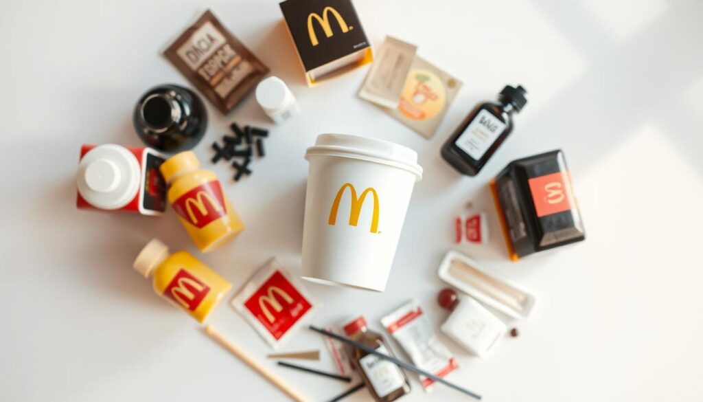A bright, well-lit overhead view of a McDonald's-branded coffee cup filled with various coffee customization options neatly arranged around it. The cup is set against a clean, minimalist background, possibly a white or light gray surface. The customization items include creamers, sugar packets, syrup bottles, and stir sticks, all presented in a visually appealing and organized manner to showcase the breadth of options available. The lighting is natural and diffused, creating a warm, inviting atmosphere. The focus is on the coffee cup and its accoutrements, with the background slightly blurred to emphasize the main subject. The overall mood is one of simplicity, quality, and the ability to personalize your McDonald's coffee experience.