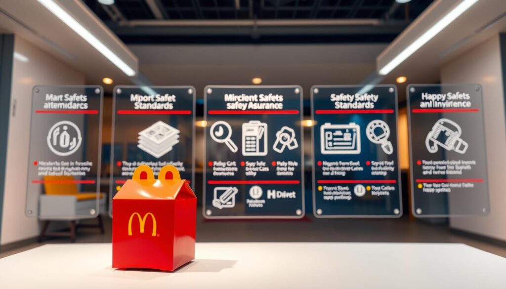 A brightly lit McDonald's Happy Meal display, showcasing the meticulous safety standards and quality assurance processes. In the foreground, a detailed model of a Happy Meal box, its vibrant colors and sleek design reflecting the brand's commitment to excellence. In the middle ground, a series of transparent acrylic panels highlighting the various safety checks and inspections, from ingredient sourcing to final packaging. The background features a clean, minimalist environment with a soft, warm lighting that emphasizes the sense of trust and reliability associated with the McDonald's brand. The overall atmosphere conveys a perfect balance of professionalism, attention to detail, and the playful, child-friendly essence of the Happy Meal.