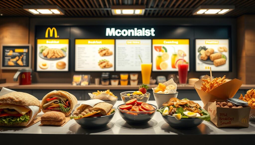 A brightly lit McDonald's breakfast menu board in 2025, displaying a variety of modern, healthy options. In the foreground, a visually appealing arrangement of breakfast sandwiches, wraps, and bowls, rendered in crisp, high-resolution detail. The middle ground showcases freshly brewed coffee, juices, and smoothies, captured in a warm, inviting lighting. In the background, a sleek, minimalist design with clean lines and a futuristic aesthetic, reflecting the brand's commitment to innovation. The overall scene conveys a sense of excitement and anticipation for the future of McDonald's breakfast menu, enticing the viewer to explore the delicious and nutritious offerings.
