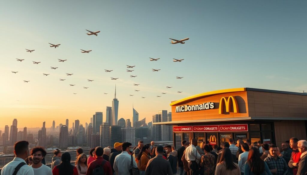 A bustling global metropolis, towering skyscrapers reach towards the sky as a steady stream of airplanes crisscross the horizon. In the foreground, a massive McDonald's restaurant stands proudly, its golden arches gleaming in the warm, golden-hour light. Throngs of customers, diverse in their nationalities and ethnicities, queue eagerly to savor the iconic Chicken McNuggets, a testament to the brand's international appeal. The scene is vibrant, dynamic, and filled with a sense of cultural exchange, capturing the global expansion and universal allure of this beloved fast-food staple.