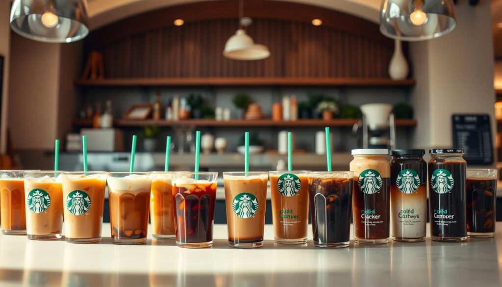 A carefully curated display of Starbucks' cold brew coffee options, captured in a warm and inviting setting. In the foreground, an array of clear glass containers showcases the rich, smooth cold brew concoctions, each with its own distinct flavor profile. The middle ground features a sleek, minimalist counter, allowing the beverages to take center stage. In the background, a softly lit, modern cafe atmosphere sets the stage, exuding a sense of calm and relaxation. The lighting is soft and diffused, casting a cozy glow over the scene, while the camera angle emphasizes the depth and dimension of the display, inviting the viewer to explore the various cold brew choices. Overall, the image conveys the premium quality and artisanal nature of Starbucks' cold brew offerings, perfectly aligning with the &amp;amp;quot;Cold Brew and Iced Coffee Selection&amp;amp;quot; section of the article.