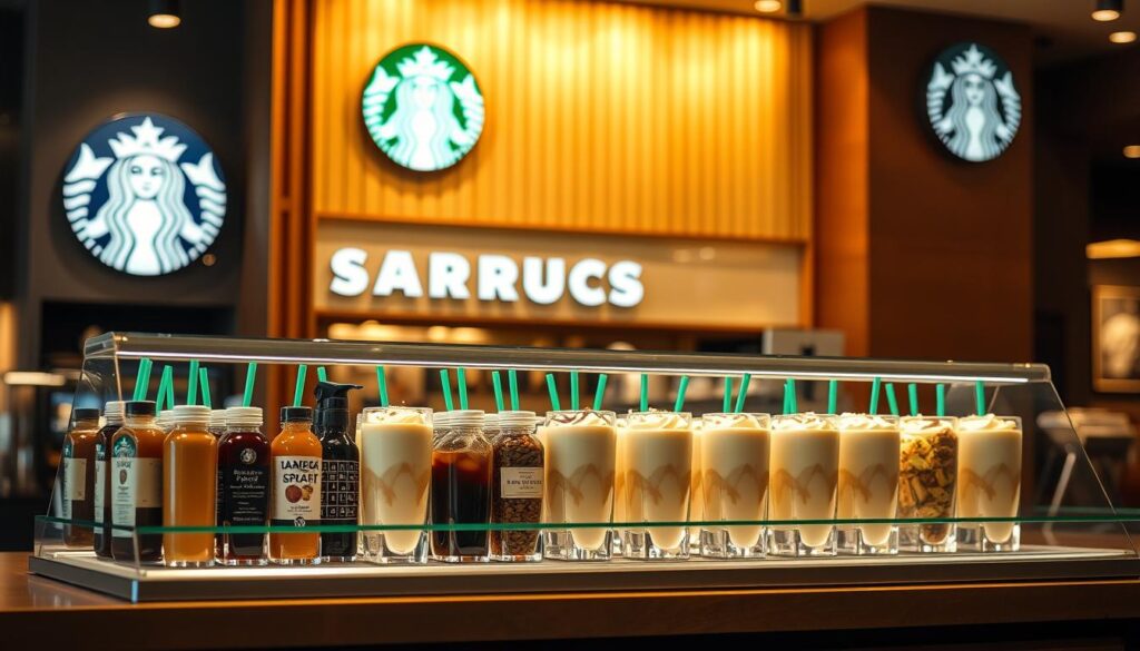 A chic and contemporary Starbucks cafe counter, bathed in warm, soft lighting. On the counter, a sleek glass display showcases an array of customizable Frappuccino options - an assortment of syrups, toppings, and mix-ins arranged neatly. The background features blurred, out-of-focus Starbucks branding and signage, creating a sense of depth and emphasis on the central display. The overall mood is one of sophisticated, artisanal coffee culture, inviting the viewer to explore the endless possibilities of Frappuccino customization.