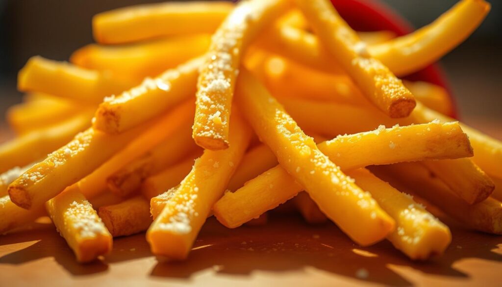 A close-up shot of freshly fried McDonald's french fries, golden and crispy, their surfaces glistening with a light coating of salt. The fries are arranged in an overlapping pattern, casting soft shadows on the surface below. The lighting is warm and natural, creating a cozy, inviting atmosphere. The focus is sharp, accentuating the intricate texture and tempting appearance of the fries. The background is slightly blurred, keeping the attention on the star of the image - the irresistible, mouth-watering McDonald's french fries.