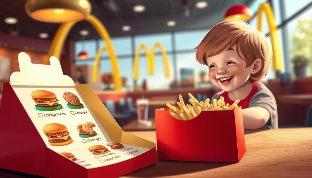 A colorful, detailed illustration of the customization options for a McDonald's Happy Meal. In the foreground, an open Happy Meal box displays a variety of menu items like hamburgers, chicken nuggets, fries, and drinks, each with checkboxes or buttons to select. In the middle ground, a cheerful child examines the options, while in the background, the iconic McDonald's golden arches and restaurant setting provide context. The image has a warm, inviting tone, lit by soft, natural lighting to showcase the vibrant colors and textures of the Happy Meal components. The perspective is slightly elevated to provide an overview of the customization process.