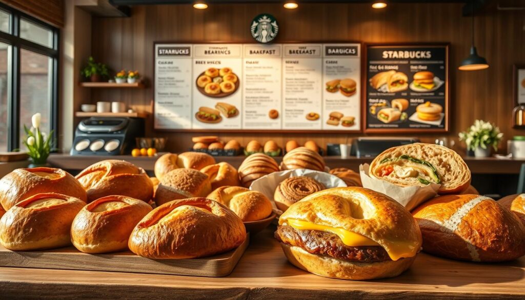 A cozy and inviting Starbucks bakery and breakfast menu, showcased in a warm, natural light-filled setting. In the foreground, an array of freshly baked pastries and breads, their golden crusts and flaky textures enticing the viewer. In the middle ground, a display of breakfast sandwiches and wraps, each crafted with care and attention to detail. The background features a beautifully designed menu board, highlighting the various breakfast offerings, from classic eggs and bacon to healthier options like avocado toast. The overall atmosphere is one of comfort and quality, inviting the viewer to imagine themselves enjoying a satisfying morning meal at this Starbucks location.