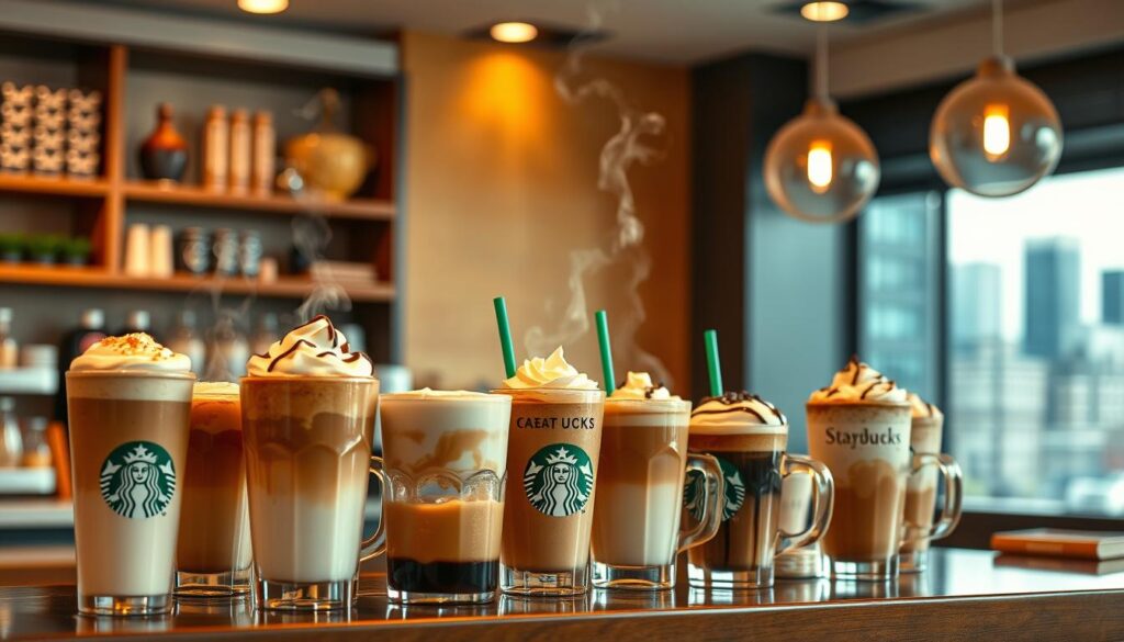 A cozy and inviting coffee shop interior, with a well-stocked counter showcasing an array of Starbucks' signature hot coffee drinks. Warm lighting illuminates the steam rising from expertly crafted lattes, cappuccinos, and specialty beverages, each with their own distinct toppings and garnishes. The background features a softly blurred city skyline, hinting at the bustling urban setting. The composition highlights the artful presentation and enticing aroma of these premium Starbucks hot coffee creations, inviting the viewer to imagine the satisfying experience of sipping these delectable drinks.