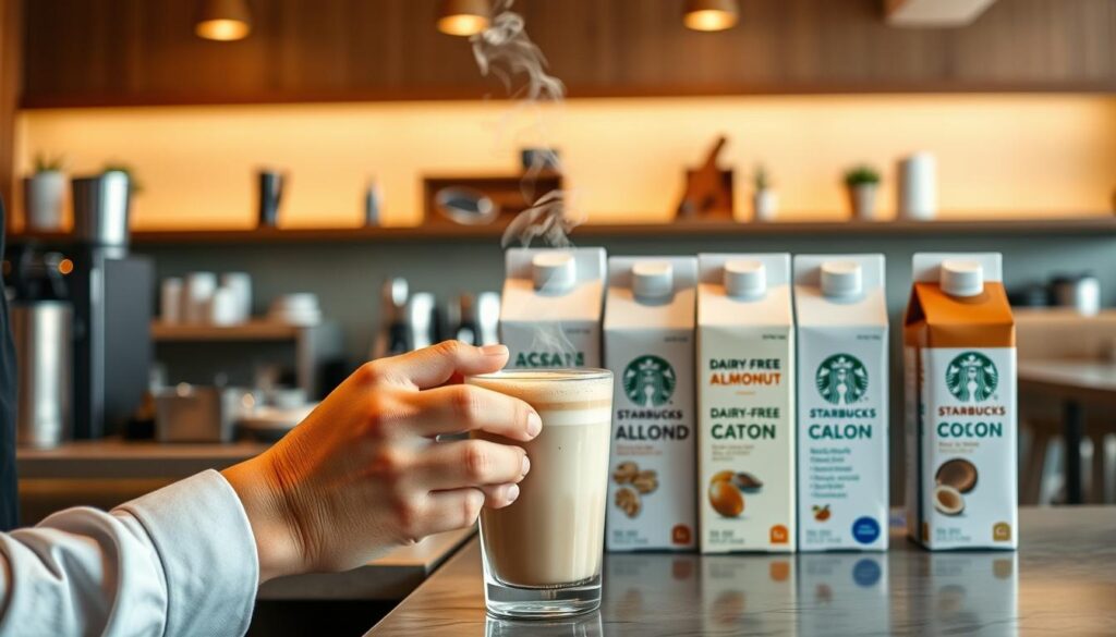 A cozy, well-lit Starbucks cafe setting, showcasing an array of dairy-free drink options. In the foreground, a barista's hands carefully preparing a creamy oat milk latte, steam gently rising. In the middle ground, a variety of dairy-free milk cartons, including almond, soy, and coconut, neatly arranged on the counter. The background features a warm, inviting ambiance with soft lighting, neutral tones, and Starbucks' signature aesthetic. The overall mood is calm, welcoming, and focused on the dairy-free beverage options available to health-conscious customers.