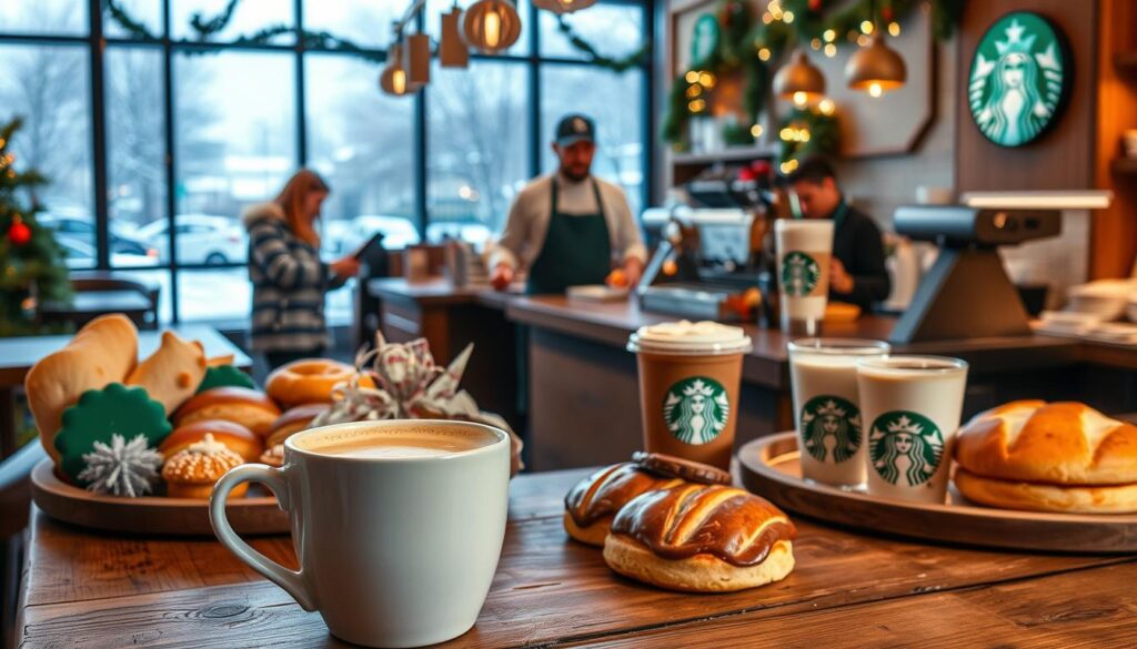 A cozy winter scene featuring an assortment of Starbucks' non-dairy drinks and treats. In the foreground, a steaming cup of almond milk latte sits atop a wooden table, surrounded by a selection of plant-based pastries. In the middle ground, baristas work behind the counter, preparing holiday-inspired beverages like oat milk hot chocolate and coconut milk chai tea latte. The background showcases a warm, inviting Starbucks cafe, with soft lighting, seasonal decor, and large windows overlooking a snowy cityscape. The overall atmosphere evokes a sense of comfort, indulgence, and festive cheer, showcasing Starbucks' diverse non-dairy options for the winter season.