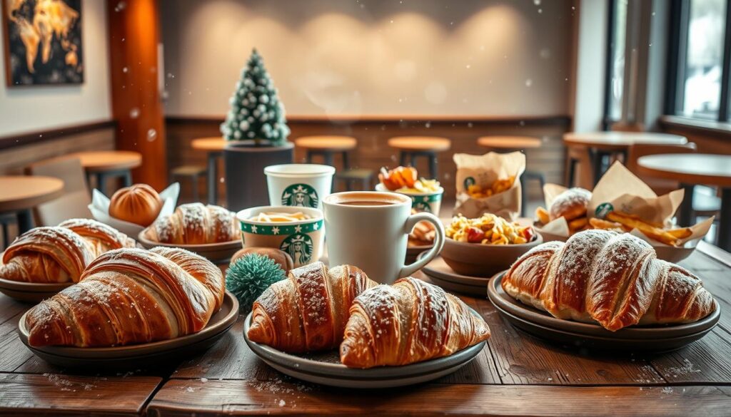A cozy winter scene showcasing a variety of savory Starbucks menu items on a wooden table. In the foreground, an assortment of fresh-baked pastries, such as flaky croissants and savory breakfast sandwiches, are arranged artfully. In the middle ground, a steaming cup of hot coffee or tea takes center stage, surrounded by other seasonal offerings like warm quiches, hearty soups, and flavorful protein boxes. The background features a minimalist, snow-dusted cafe setting with clean lines and muted tones, creating a sense of calm and comfort. Soft, natural lighting illuminates the scene, highlighting the textures and colors of the dishes. The overall atmosphere evokes the welcoming ambiance of a Starbucks cafe during the winter months.