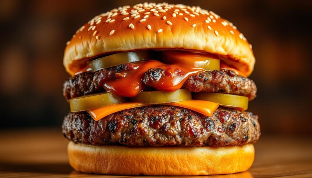 A delectable Quarter Pounder burger from McDonald's, captured in stunning detail. The juicy, flame-grilled beef patty is nestled between a soft, toasted sesame seed bun, adorned with tangy pickles, fresh lettuce, and a generous helping of the iconic McDonald's special sauce. The lighting casts a warm, golden glow, highlighting the burger's inviting appearance. The camera angle showcases the burger's impressive proportions, emphasizing its premium quality and craftsmanship. The background is blurred, keeping the focus firmly on the star of the show - this mouthwatering Quarter Pounder, a true testament to McDonald's legendary burger excellence.
