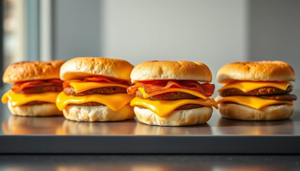 A delectable assortment of McDonald's Egg McMuffin varieties, artfully arranged on a sleek, modern surface. The golden English muffins, lightly toasted, provide a sturdy foundation for the fluffy eggs, melted cheese, and savory Canadian bacon or sausage patties. Soft natural lighting casts a warm glow, accentuating the appetizing details and mouthwatering textures. The image exudes a sense of breakfast indulgence, capturing the essence of McDonald's renowned Egg McMuffin line-up - a true breakfast champion that has delighted food enthusiasts worldwide.