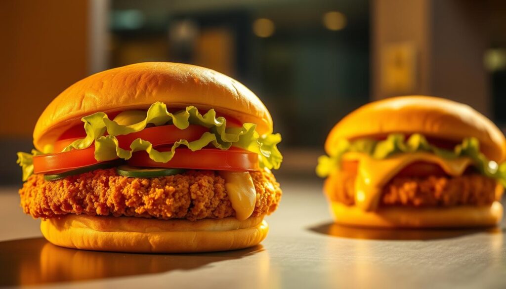A delectable close-up of McDonald's Premium Chicken Sandwiches, bathed in warm, golden light. The crisp, golden-brown buns frame the juicy, hand-breaded chicken patties, topped with vibrant lettuce, ripe tomatoes, and a creamy, tantalizing sauce. The sandwiches are arranged on a sleek, contemporary surface, creating a visually appealing and appetizing scene. The depth of field is slightly blurred, drawing the viewer's focus to the tantalizing details of the premium chicken offerings. The overall mood is one of mouthwatering anticipation, capturing the essence of McDonald's top-tier chicken menu items.