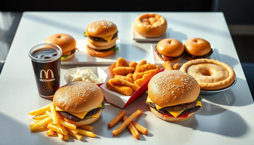 A delectable spread of McDonald's lunch and dinner combo meals, artfully arranged on a modern, minimalist table setting. In the foreground, a juicy Big Mac, crisp french fries, and a refreshing medium Coke, illuminated by soft, natural lighting. The middle ground features a savory Filet-O-Fish sandwich, accompanied by a side of creamy coleslaw and a crisp, golden Chicken McNuggets. In the background, a neatly stacked trio of McDouble burgers, complemented by a piping hot, fragrant apple pie. The composition evokes a sense of casual indulgence, with a warm, inviting atmosphere that beckons the viewer to savor the satisfying combination of flavors.