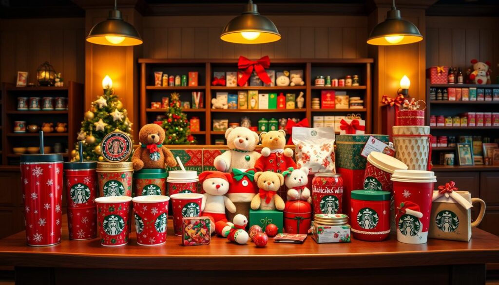 A festive collection of Starbucks holiday merchandise displayed on a cozy wooden table, lit by warm golden overhead lighting. In the foreground, a variety of seasonal tumblers, mugs, and reusable cups in vibrant red, green, and gold tones, adorned with snowflakes, holly, and holiday-themed graphics. The middle ground features a selection of plush holiday-themed stuffed animals and ornaments, while the background showcases a neatly arranged display of holiday-themed gift cards, treat tins, and other specialty items. The overall scene evokes a sense of holiday cheer and the anticipation of Starbucks' seasonal offerings.