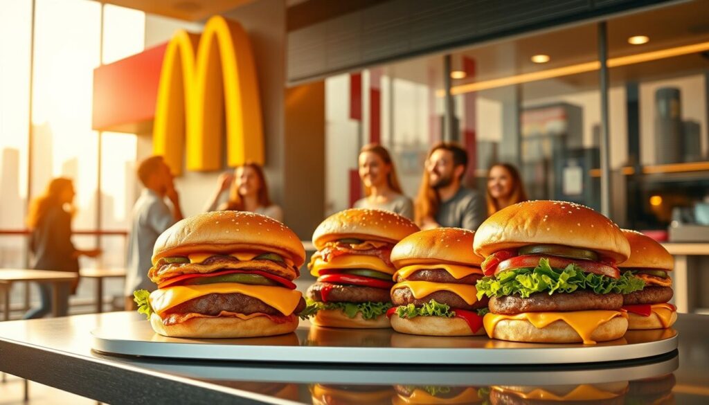 A gleaming McDonald's restaurant facade, its golden arches glistening in the afternoon sunlight. In the foreground, a carefully curated collection of iconic McDonald's burgers - the Big Mac, Quarter Pounder, McDouble, and more - arranged artfully on a sleek, modern table. The burgers are perfectly lit, showcasing their fresh ingredients and mouthwatering appeal. In the middle ground, customers mill about, their faces reflecting a sense of anticipation and excitement for the delectable offerings. The background features a vibrant, futuristic cityscape, hinting at the restaurant's evolution and its place in the modern world. The overall scene conveys a sense of high-quality, innovation, and the enduring appeal of the McDonald's brand.