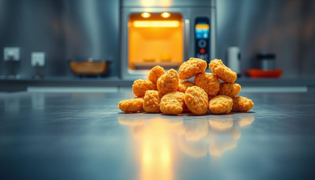 A gleaming stainless steel kitchen countertop, bathed in warm, golden light, displays a meticulously arranged array of McDonald's Chicken Nuggets. The nuggets, freshly fried to a crisp golden-brown perfection, are presented in a modern, minimalist style, highlighting their inviting texture and mouthwatering appearance. In the background, a softly blurred, futuristic-inspired kitchen appliance or equipment suggests the brand's commitment to innovation and technological advancements in their food preparation processes. The overall composition exudes a sense of culinary sophistication, quality, and the evolution of a classic fast-food favorite.