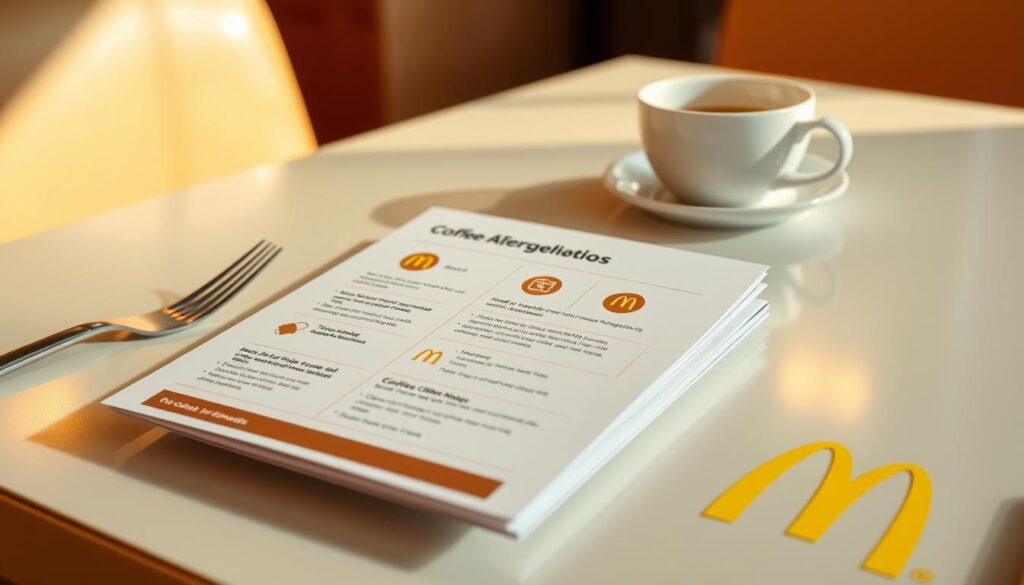 A glossy, professionally-designed informational guide on coffee allergens, displayed on a sleek, modern McDonald's-branded table setting. The guide features clear, concise information about the various allergens present in McDonald's coffee beverages, with easy-to-read icons and a clean, minimalist aesthetic. The table setting includes a warm, natural lighting, capturing the welcoming atmosphere of a McDonald's restaurant. The guide is the focal point, positioned centrally on the table, with the McDonald's branding subtly integrated into the design. The overall impression is one of transparency, attention to detail, and a commitment to providing customers with comprehensive dietary information.