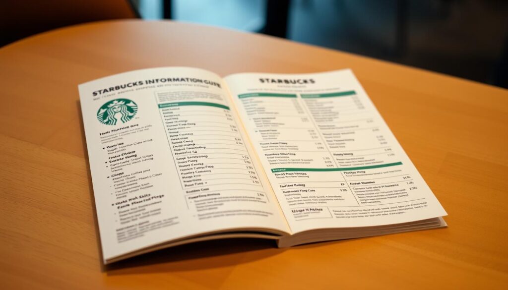 A high-quality, detailed Starbucks Nutrition Information Guide, displayed on a clean, well-lit wooden table. The guide features a sleek, minimalist design with clear, legible typography showcasing nutritional data for Starbucks' diverse menu offerings. The layout is organized and easy to navigate, with sections delineated by subtle dividers. Soft, diffused lighting illuminates the guide, creating a warm, inviting atmosphere. The overall composition conveys a sense of professionalism and clarity, making the nutrition information accessible and informative.