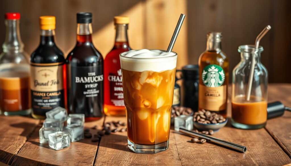 A meticulously crafted cold brew coffee with rich, dark hues sits atop a rustic wooden table, surrounded by various customization ingredients. In the foreground, a smooth, creamy layer of milk foam rests atop the brew, glistening under soft, natural lighting. Scattered around the coffee are artisanal glass bottles filled with syrups in a variety of flavors, from classic vanilla to bold caramel. The mid-ground features an assortment of ice cubes, freshly ground coffee beans, and a sleek metal straw, hinting at the customizable nature of this hidden Starbucks delight. The background is blurred, creating a cozy, intimate atmosphere, focusing the viewer's attention on the carefully crafted cold brew creation.
