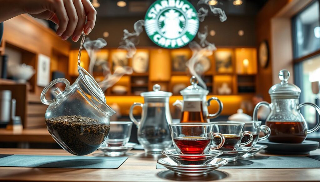 A meticulously crafted scene showcasing the art of tea brewing at Starbucks. In the foreground, a barista's hands carefully pour hot water over loose tea leaves, the steam gently rising. In the middle ground, an array of glass tea pots and cups, each displaying the unique preparation techniques for various tea varieties. The background features a warm, inviting Starbucks interior, with soft lighting illuminating the natural wood tones and creating a cozy, inviting atmosphere. The overall mood is one of attentive craftsmanship and the reverence for the art of tea making.