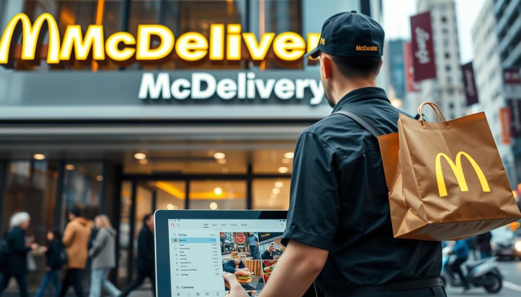 A modern and sleek McDonald's storefront with a prominent &amp;quot;McDelivery&amp;quot; sign illuminated in warm LED lighting. In the foreground, a food delivery courier in a branded uniform holding a McDonald's paper bag, ready to transport the order. The middle ground showcases the menu options and ordering process on a tablet device. In the background, a busy city street with people walking and traffic passing by, creating a sense of urban activity. The overall scene conveys the convenience and accessibility of McDonald's online food delivery services.