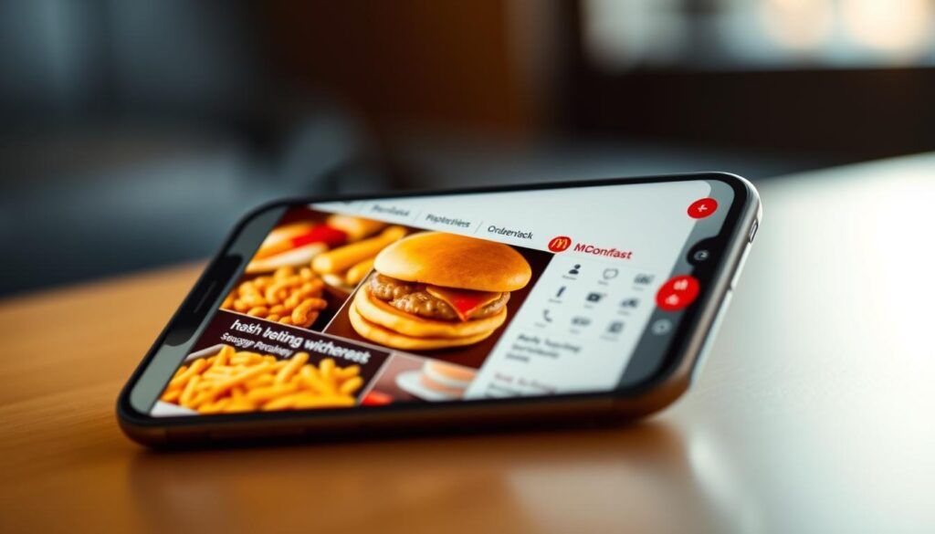 A modern, clean interface of the McDonald's mobile ordering app displayed on a sleek smartphone screen. The app showcases a vibrant menu with tempting breakfast offerings, including golden hash browns, fluffy pancakes, and sizzling sausage patties. Smooth navigation guides the user through the ordering process, with clear sections for customization and delivery options. Warm lighting casts a cozy, inviting atmosphere, while the overall design conveys a sense of convenience and efficiency, perfect for the on-the-go breakfast experience. The screen is captured at a slight angle, highlighting the app's intuitive layout and user-friendly experience.