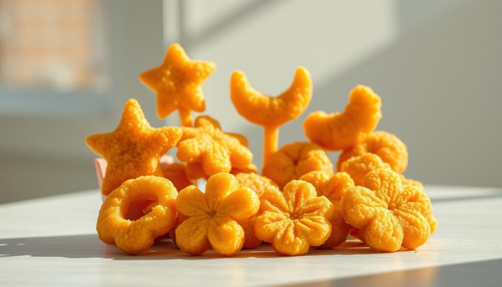A mouthwatering arrangement of McDonald's Chicken McNuggets in unique, whimsical shapes - perfectly golden, crispy, and inviting. They are artfully displayed against a softly blurred background, with natural lighting casting gentle shadows that accentuate their irregular contours. The nuggets appear to be freshly fried, with an appetizing sheen and just the right amount of sizzle. The composition captures the signature shapes that make these nuggets a signature treat - from playful stars and crescents to delicate flower petals and abstract geometric forms. An irresistible feast for the eyes, evoking a sense of nostalgia and delight.