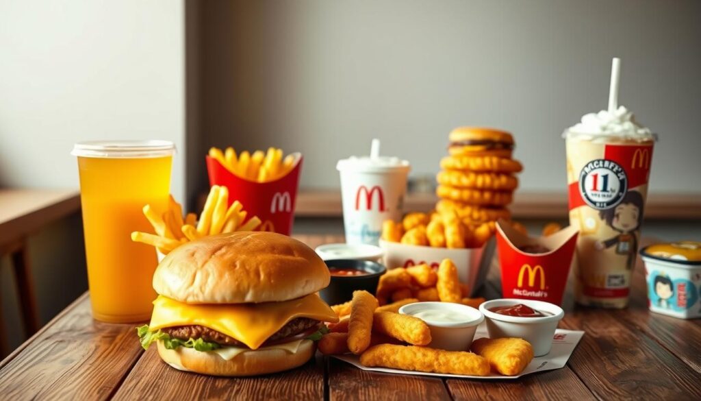 A mouthwatering display of McDonald's Family Meal Combos, arranged on a warm, wooden table. In the foreground, a hearty Big Mac, fries, and a large soft drink, bathed in soft, golden lighting. In the middle ground, a family-sized order of McNuggets, crisp and golden, accompanied by an array of dipping sauces. In the background, a stack of classic cheeseburgers and a refreshing McFlurry, all framed by a clean, minimalist backdrop that showcases the meal's inviting simplicity. The scene exudes a comforting, family-friendly atmosphere, perfect for a satisfying and affordable weekend feast.