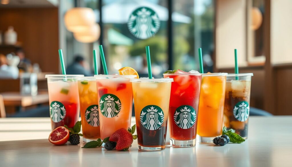 A neatly arranged display of Starbucks Refreshers and Iced Tea beverages against a soft, out-of-focus background. The colorful, visually appealing drinks fill the foreground, showcasing their vibrant hues and garnishes. Lighting is warm and natural, creating a cozy, inviting atmosphere. The middle ground features a blurred background of a Starbucks cafe interior, hinting at the familiar setting. The overall composition emphasizes the refreshing, summertime appeal of the beverage selection. A clean, minimalist aesthetic that highlights the products' visual appeal.