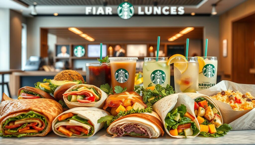 A neatly arranged display of Starbucks' cold lunch menu options, capturing the fresh, tasty, and visually appealing nature of the offerings. In the foreground, an array of artfully crafted sandwiches, wraps, and salads, showcasing a variety of colors, textures, and ingredients. In the middle ground, a selection of chilled beverages, including iced coffee, refreshing lemonades, and fruit-infused waters, complementing the meal choices. The background features a clean, modern Starbucks store interior, with warm lighting and a minimalist design, creating a welcoming and appetizing atmosphere. The overall composition conveys a sense of quality, convenience, and health-conscious dining options, reflecting the section title &amp;amp;amp;amp;quot;Cold Lunch Options and Pockets.&amp;amp;amp;amp;quot;