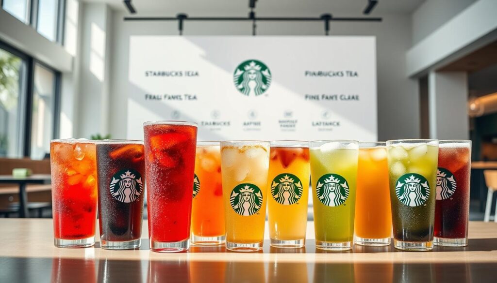 A neatly arranged display of Starbucks iced tea and refresher beverages, captured in a bright, airy setting with natural lighting. The foreground features an assortment of clear glass cups filled with vibrant, colorful liquids - from the deep crimson of the Strawberry Acai Refresher to the pale green of the Pineapple Passionfruit Refresher. Beads of condensation adorn the outside of the cups, hinting at the icy coldness within. In the middle ground, a crisp white backdrop showcases the Starbucks logo and product names, while the background subtly suggests a clean, modern cafe environment. The overall scene conveys a sense of refreshment, vibrancy, and the appeal of Starbucks' iced tea and refresher offerings.