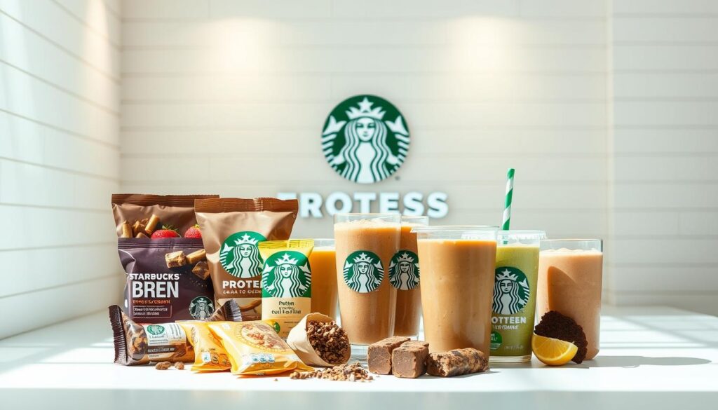 A neatly arranged display of Starbucks protein-rich menu items against a clean, bright background. In the foreground, an assortment of protein-packed snacks and drinks, including protein bars, protein-infused cold brew, and protein-blended smoothies. The middle ground showcases the Starbucks logo and signage, highlighting the brand's fitness-focused offerings. The background is a minimalist, white-washed setting, with subtle lighting casting a warm, inviting glow. The overall composition emphasizes the nutritious, energizing nature of the Starbucks protein options, catering to the needs of health-conscious customers.