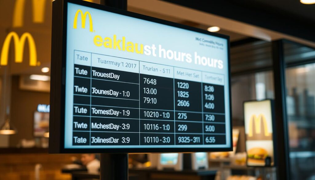 A neatly organized and visually appealing schedule board displaying the breakfast hours of a McDonald's restaurant. The board has a clean, minimalist design with a soft, warm lighting illuminating the information. The background features a blurred, out-of-focus image of a McDonald's exterior, conveying a sense of place. The schedule is presented in a clear, legible font, with the hours for each day of the week arranged in a grid-like layout. The overall atmosphere is one of efficiency and professionalism, reflecting the reliable and convenient nature of McDonald's breakfast offerings.