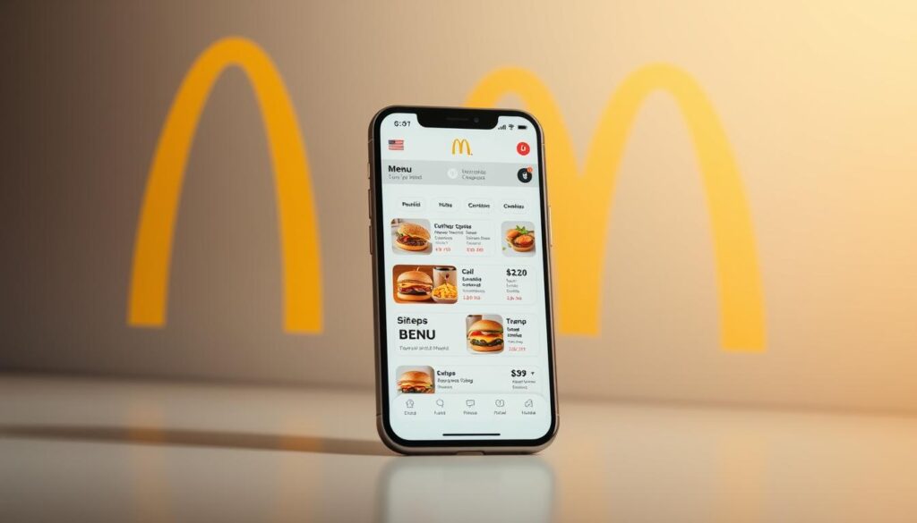 A sleek, minimalist mobile app interface showcasing the McDonald's digital menu. The screen displays a clean, organized layout with high-quality food imagery, vibrant colors, and intuitive icons. The foreground features a large, tempting product photo, while the middle ground presents a well-structured menu with clear categories and pricing. The background subtly blends the brand's signature golden arches and muted tones, creating a modern, user-friendly atmosphere. Soft, directional lighting illuminates the scene, highlighting the appetizing dishes and inviting the user to explore the menu. Captured at a slight angle, the image conveys a sense of accessibility and engagement, perfectly suited for a mobile experience.