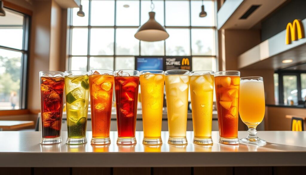 A sleek, modern McDonald's restaurant setting with a prominent drink counter showcasing an array of iced tea options. The counter features a clean, minimalist design with subtle branding elements. Vibrant, freshly brewed iced teas in various flavors fill tall, transparent glasses, their ice-cold refreshment evident. Soft, natural lighting filters in through large windows, creating a welcoming, inviting atmosphere. The overall scene conveys a sense of high-quality, thirst-quenching beverage options that align with the &quot;Tea and Lemonade Options&quot; section of the article.