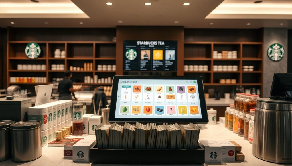 A sleek, modern Starbucks counter displaying an array of tea customization options. In the foreground, an assortment of tea tins, sachets, and accessories arranged neatly. In the middle, a touch screen menu showcases various tea varieties, sweeteners, and mix-in options. The background features a minimalist Starbucks interior with clean lines, neutral tones, and soft, diffused lighting that creates a calming, inviting atmosphere. The overall composition conveys a sense of personalization and attention to detail in the Starbucks tea experience.