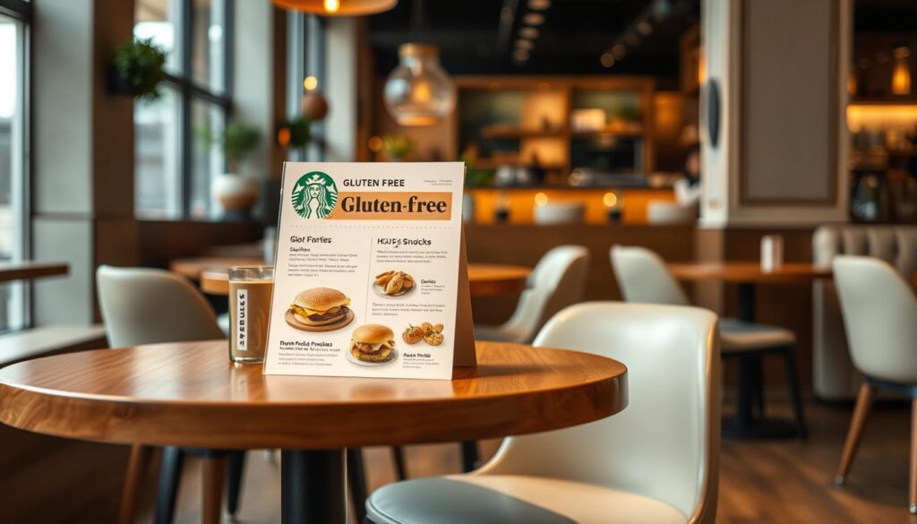 A stylish wooden table with a Starbucks menu display showcasing various gluten-free food options. The menu features tantalizing images and descriptions of items like gluten-free breakfast sandwiches, pastries, and snacks. The table is set against a warm, cozy cafe atmosphere with soft lighting, neutral tones, and subtle coffee shop decor elements. The overall scene conveys a sense of welcoming and inclusive dining experience for those seeking gluten-free choices at Starbucks.
