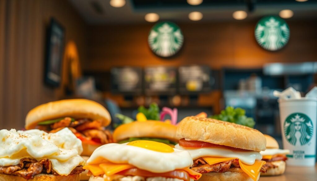 A sumptuous array of Starbucks breakfast sandwiches set against a warm, inviting backdrop. In the foreground, a selection of mouthwatering options – fluffy egg, savory meats, and melted cheese nestled between toasted English muffins. The middle ground showcases the vibrant hues of fresh produce, complementing the hearty ingredients. In the background, a softly blurred Starbucks cafe setting, with hints of wood paneling and cozy lighting, creating a sense of comfort and quality. The overall scene exudes a tantalizing, appetizing atmosphere, perfectly capturing the protein-packed, flavor-rich essence of Starbucks' breakfast sandwich lineup.