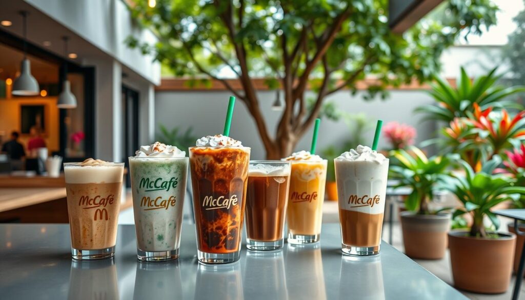 A sunny, crisp outdoor cafe scene with a prominent display of McCafé frozen coffee drinks. In the foreground, a variety of colorful, frosty beverages are arranged artfully on a sleek, modern counter, their tempting textures and flavors evident. In the middle ground, the cafe's bright, minimalist decor is visible, with clean lines and natural wood accents. The background features a lush, verdant garden setting, with leafy trees and potted plants framing the scene. Soft, diffused lighting creates a warm, inviting ambiance, accentuating the alluring appeal of the frozen coffee drinks. The overall composition conveys a sense of refreshment, quality, and the premium McCafé experience.