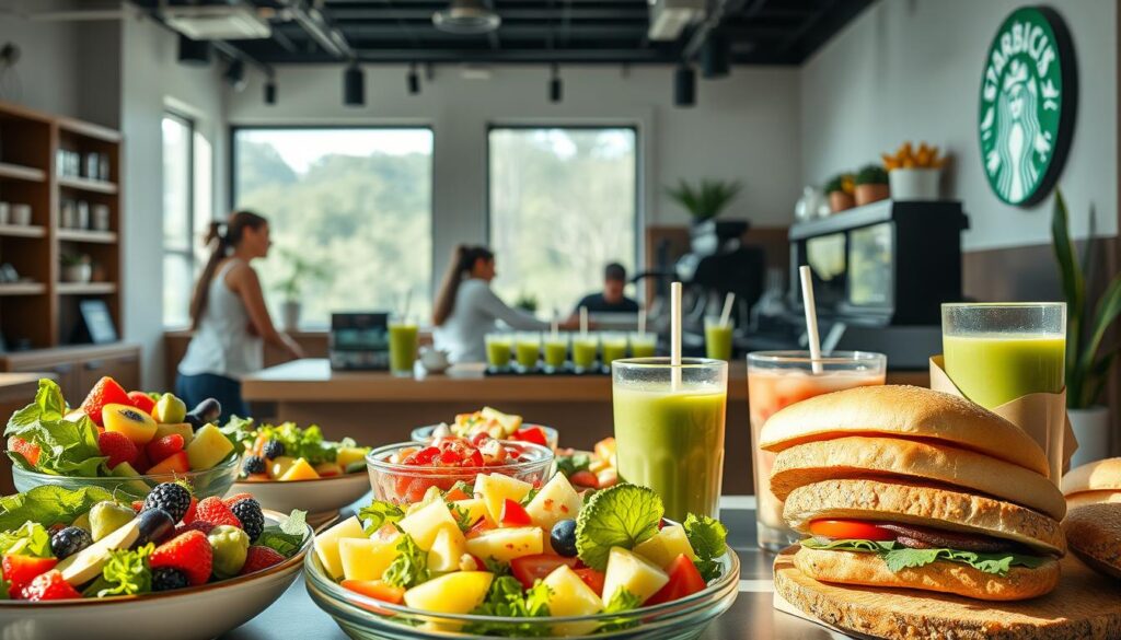 A tranquil scene of a Starbucks cafe, bathed in warm, natural lighting. In the foreground, a display of healthful menu items - fresh salads, fruit parfaits, and whole-grain breakfast sandwiches. The middle ground features a counter with baristas meticulously crafting nutritious beverages, from green smoothies to iced herbal teas. In the background, the cafe's minimalist, eco-friendly decor sets a calming, wellness-focused ambiance. The overall atmosphere exudes a sense of balance and mindfulness, inviting customers to make conscious, health-conscious choices at this Starbucks location.