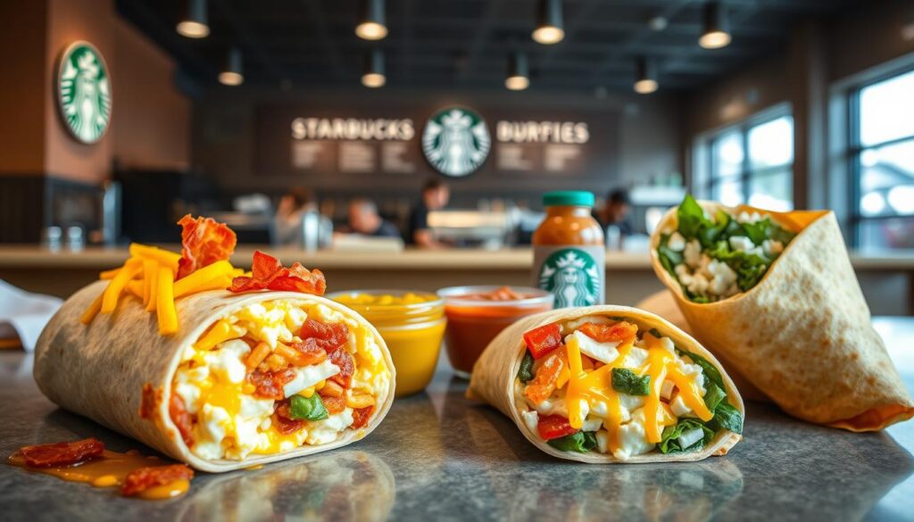 A vibrant and appetizing arrangement of classic Starbucks breakfast wraps and burritos. In the foreground, a variety of warm, freshly prepared items - a hearty breakfast burrito stuffed with fluffy scrambled eggs, crispy bacon, and melted cheddar cheese, nestled alongside a flavorful spinach and feta wrap. The middle ground showcases a selection of sauces and condiments, adding a burst of color and complementary flavors. In the background, a clean, modern Starbucks counter setup, with soft natural lighting from large windows, creating a welcoming and inviting atmosphere. The overall scene conveys the delicious and satisfying nature of Starbucks' classic breakfast offerings.