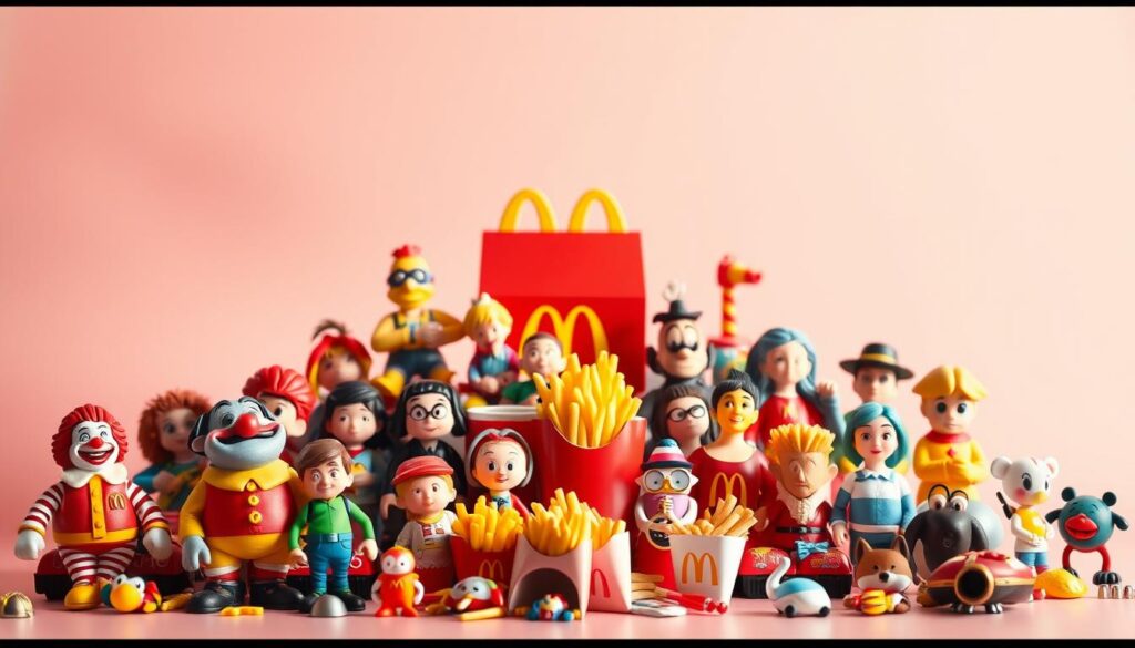 A vibrant and whimsical collection of McDonald's Happy Meal toys, artfully arranged against a soft, pastel-colored background. In the foreground, an assortment of classic characters and beloved icons, including Ronald McDonald, Grimace, Hamburglar, and a diverse array of beloved cartoon figures, each exquisitely detailed and brimming with personality. The middle ground features a playful scatter of Happy Meal boxes, fries, and other iconic McDonald's memorabilia, captured in a warm, natural lighting that enhances the nostalgic, toy-like quality. In the background, a subtle, gradient-filled sky lends a sense of dreamlike wonder, perfectly complementing the joyful, childlike spirit of the scene.