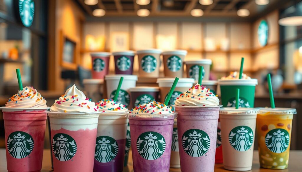 A vibrant collection of Starbucks beverages, meticulously crafted to captivate social media. In the foreground, an array of colorful drinks adorned with whipped cream, sprinkles, and eye-catching toppings. Lively hues of pink, purple, and blue dance across the frame, drawing the viewer's attention. In the middle ground, various Starbucks cups and containers, their iconic green-and-white branding prominently displayed. The background features a blurred, out-of-focus Starbucks store interior, creating a sense of authenticity and immersion. Soft, warm lighting casts a cozy glow, while a sleek, minimalist aesthetic pervades the scene. The overall composition exudes a playful, trendy, and visually captivating atmosphere, perfectly capturing the essence of viral Starbucks TikTok drinks.
