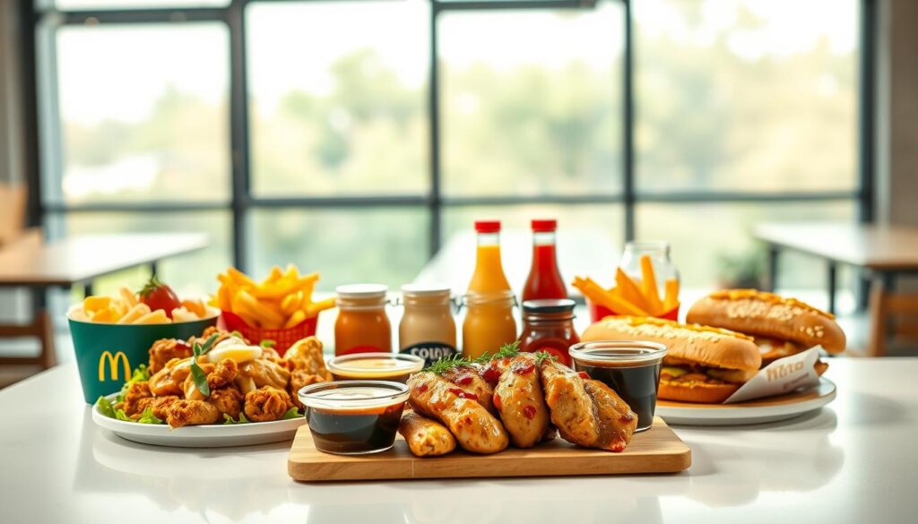 A vibrant, high-quality food photography scene showcasing McDonald's signature international menu items. In the foreground, neatly arranged on a clean white surface, are popular dishes like the Chicken Maharaja Mac from India, the McSpicy Chicken from Hong Kong, and the Croque McDo from France. The middle ground features a variety of dipping sauces and condiments in artfully designed glass jars. In the background, a soft, blurred backdrop of a modern, minimalist interior with natural lighting streaming in from large windows, creating a bright, appetizing atmosphere. The lighting is soft and even, highlighting the textures and colors of the food. The overall composition is balanced, visually appealing, and captures the global appeal of McDonald's internationally inspired menu.