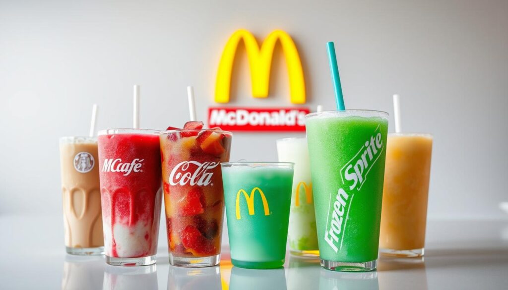 A vibrant, well-lit scene showcasing an array of McDonald's frozen drink selections. In the foreground, a row of gleaming, colorful cups filled with various frozen beverages - from classic McCafé Frappes to refreshing Frozen Coke and Frozen Sprite. The cups are arranged neatly, with condensation glistening on their surfaces, conveying a sense of cool, refreshing indulgence. In the middle ground, the iconic McDonald's branding and signage are visible, providing context and familiarity. The background features a clean, minimalist setting, with crisp lighting and a neutral color palette that allows the frozen drinks to take center stage. The overall atmosphere is one of temptation and thirst-quenching satisfaction, perfectly capturing the essence of &quot;Refreshing Frozen Drinks&quot; at McDonald's.