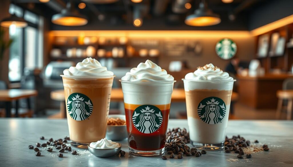 A visually captivating image of &quot;Starbucks Sweet Cream Cold Foam Variations&quot;. The foreground showcases three distinct cups of Starbucks beverages, each with a delicate layer of sweet cream cold foam on top. The middle ground features an array of Starbucks ingredients, including freshly brewed espresso, frothed milk, and various syrups. The background is a soft, blurred backdrop of a modern Starbucks cafe, with warm lighting and a cozy atmosphere. The lighting is soft and diffused, accentuating the creamy textures and vibrant colors of the drinks. The camera angle is slightly elevated, providing a birds-eye view of the scene, allowing the viewer to appreciate the visual harmony of the composition.