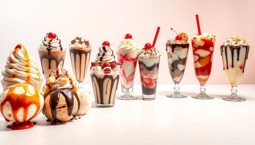 A visually enticing display of McDonald's sundae varieties against a softly lit, minimalist backdrop. In the foreground, an array of colorful scoops of ice cream in flavors like vanilla, chocolate, and strawberry, drizzled with rich sauces and topped with whipped cream, sprinkles, and maraschino cherries. The middle ground showcases tall, clear sundae glasses filled with layered toppings, creating a tantalizing depth of texture and flavor. The background features a clean, white surface, allowing the sundaes to take center stage and exude an air of indulgence and sophistication. Subtle ambient lighting casts a warm, inviting glow, heightening the appeal of these decadent McDonald's treats.