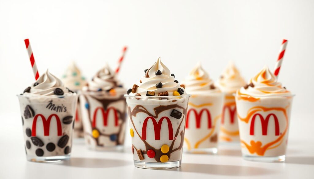 A visually striking array of McDonald's McFlurry desserts, showcasing the iconic flavors and varieties. In the foreground, an assortment of McFlurry cups, each featuring a different flavor like Oreo, M&amp;amp;M's, and Reese's Peanut Butter Cup, artfully arranged against a crisp, white background. The middle ground features a shallow depth of field, highlighting the creamy, swirled texture and the vibrant toppings that make each McFlurry uniquely delicious. The background is softly blurred, creating a sense of depth and emphasis on the McFlurry treats. The lighting is soft and diffused, accentuating the inviting, indulgent nature of these beloved McDonald's desserts.
